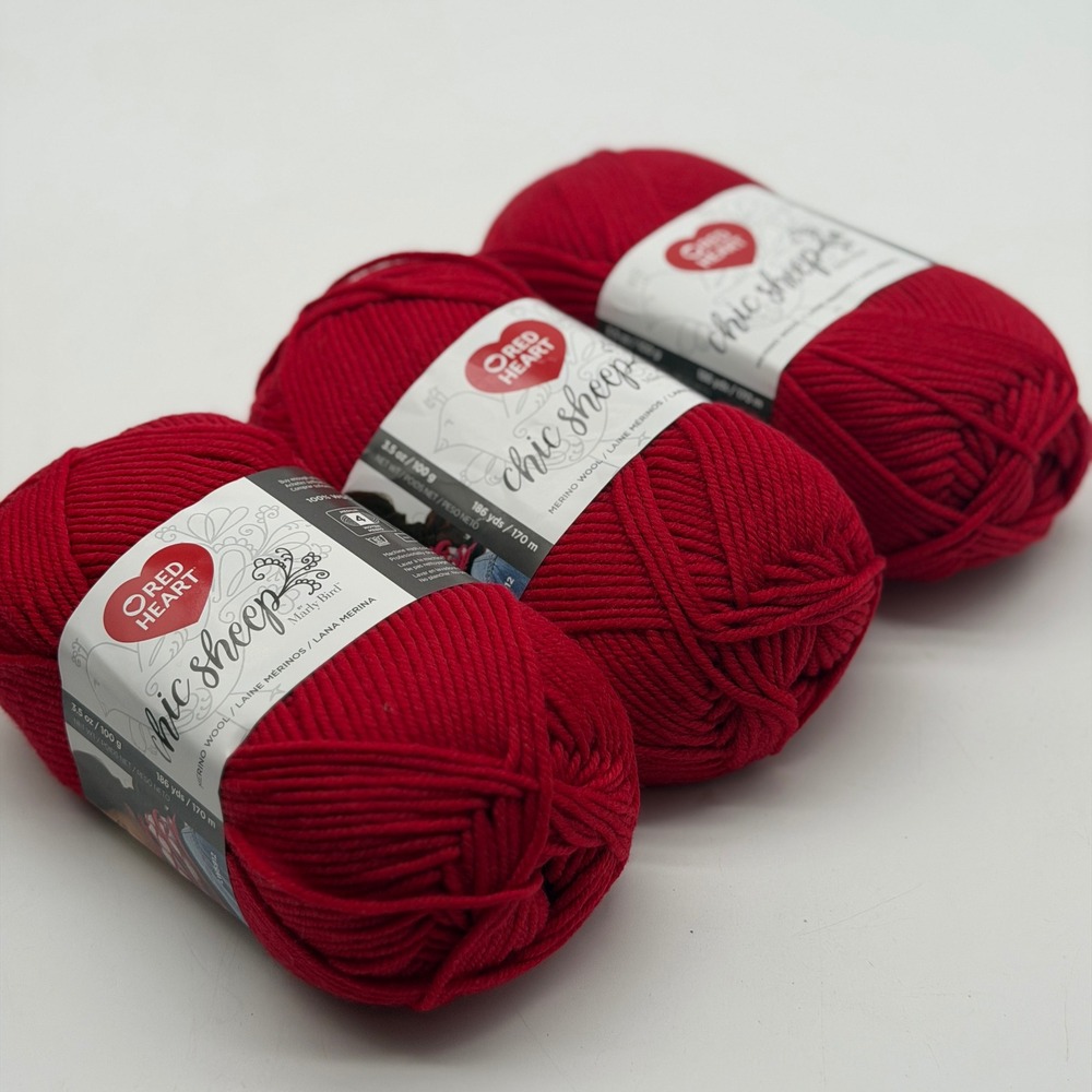 Red Heart Chic Sheep Marly Bird 100% Merino Wool Yarn Lipstick Red 3 Skeins